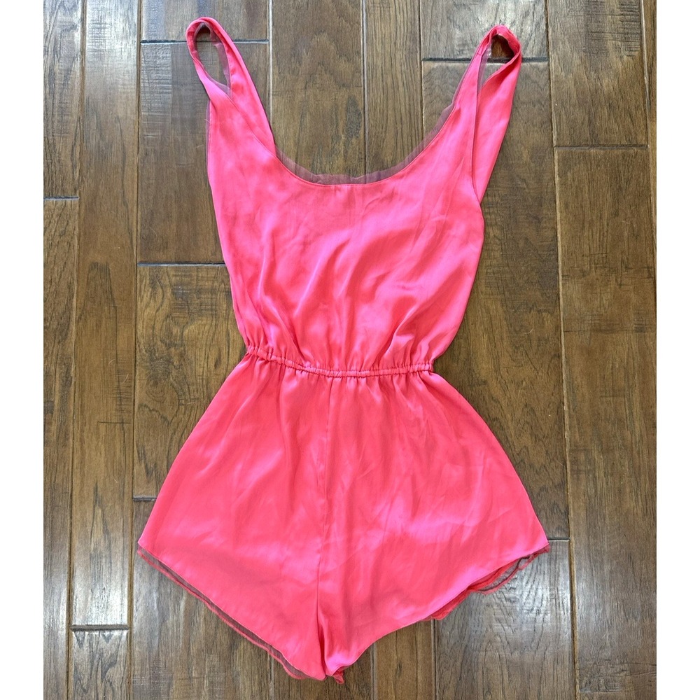 Free People Intimately Satin Romper Medium Coral Shorts Tank Top Lace‎ Pajamas M
